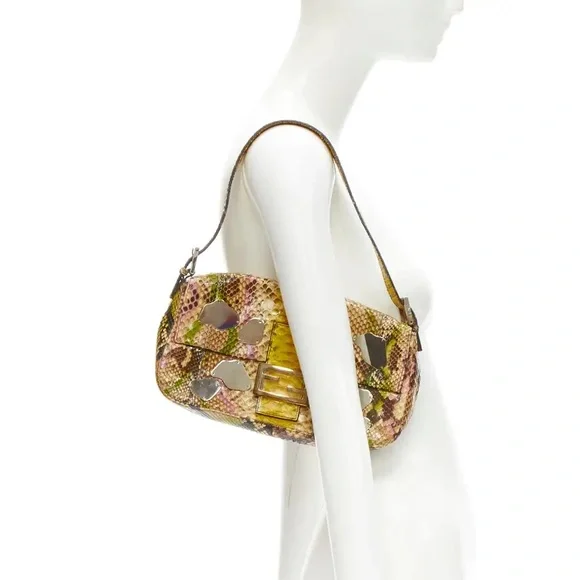 SOLD FENDI Rare Baguette Vintage Mirror Python Karl Lagerfeld Embellished - Picture 3 of 17